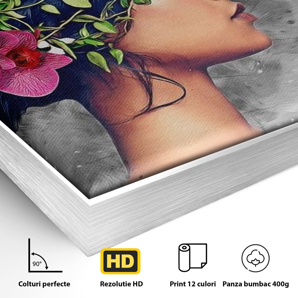 Detaliu al suprafetei: tablou canvas cu portret de femeie si colibri, in rama de aluminiu argintiu