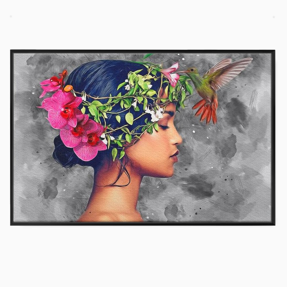 Tablou canvas cu tablou canvas cu portret de femeie si colibri, in rama de aluminiu negru