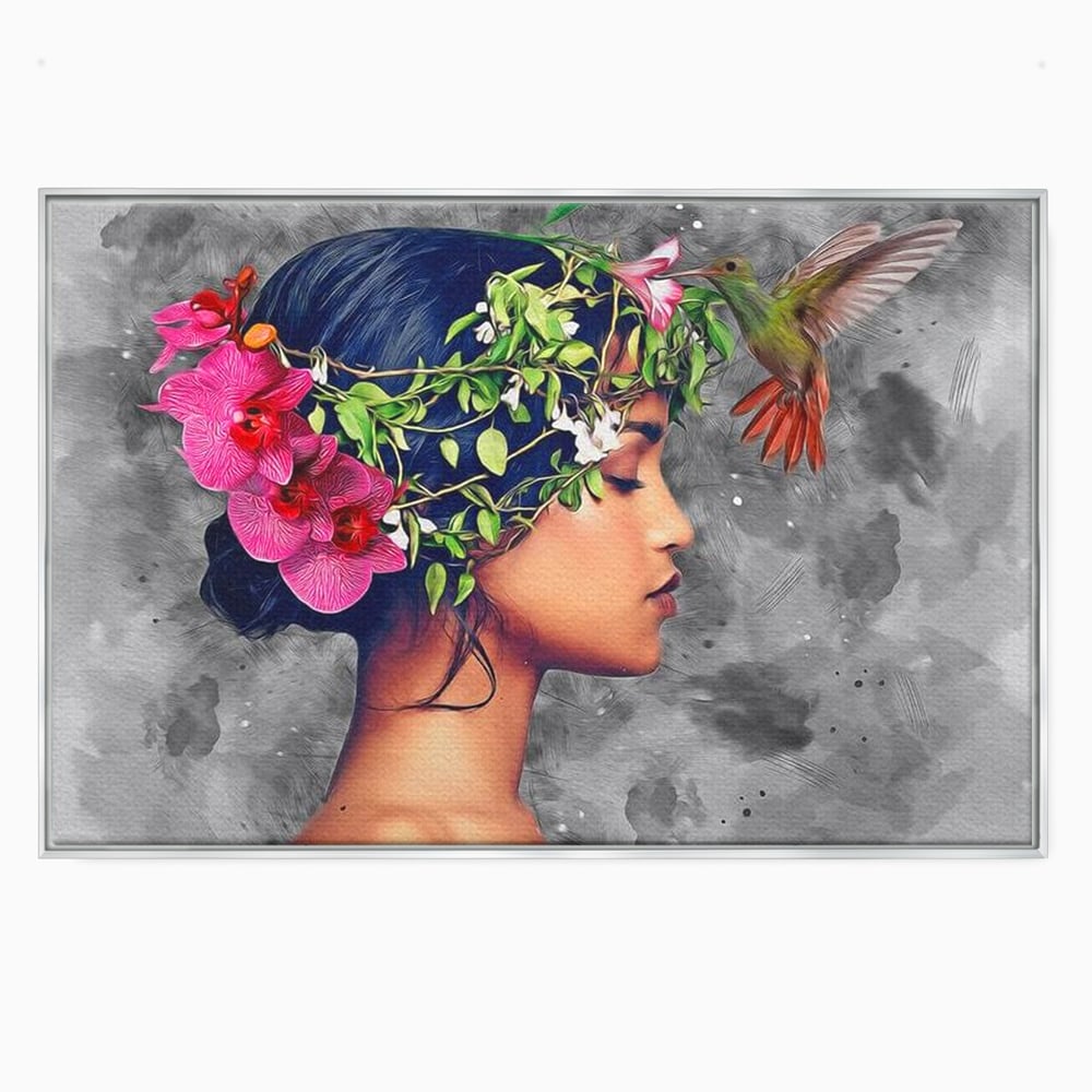 Tablou canvas cu tablou canvas cu portret de femeie si colibri, in rama de aluminiu argintiu