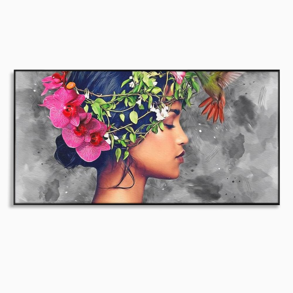 Tablou canvas cu tablou canvas cu portret de femeie si colibri, in rama de aluminiu negru