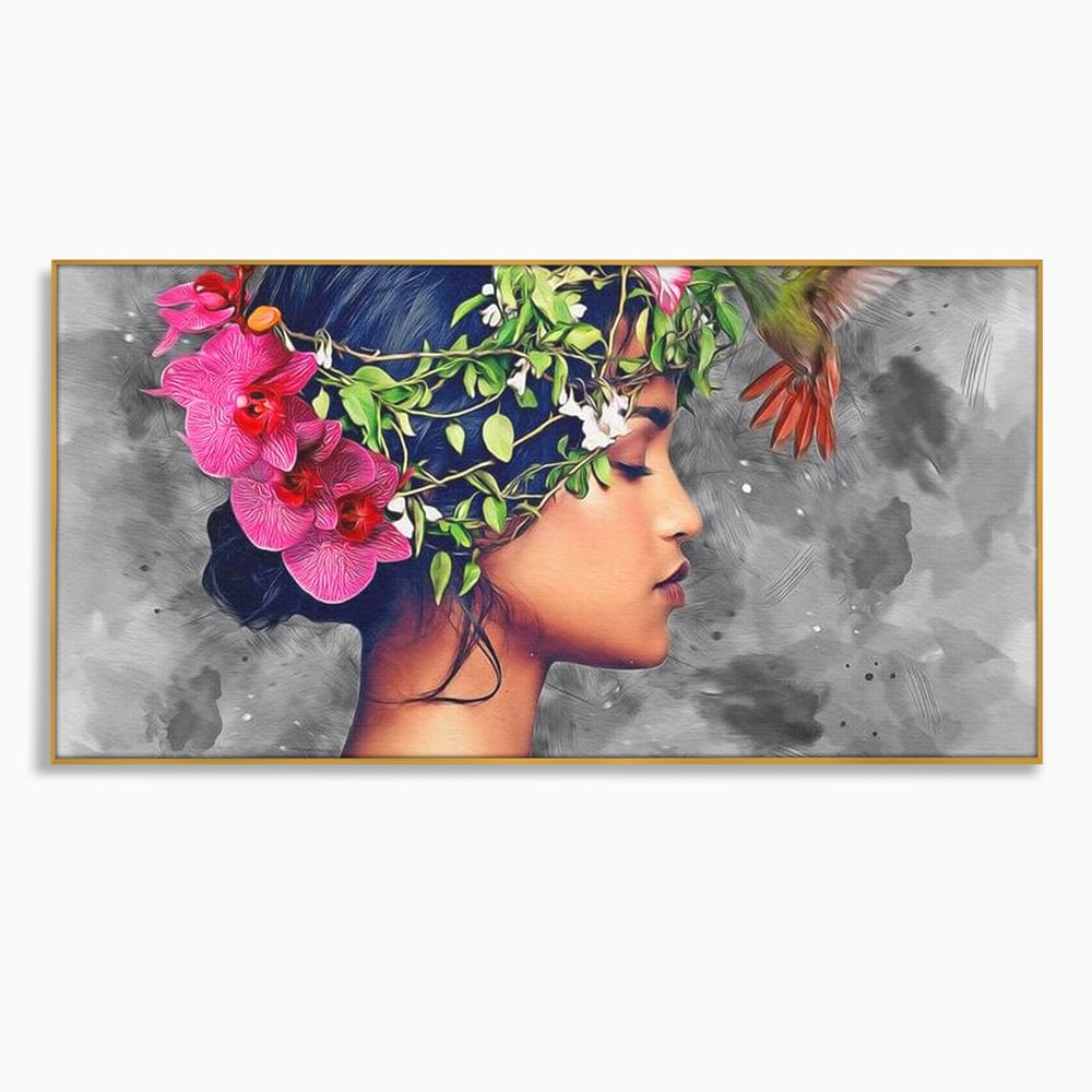 Tablou canvas cu tablou canvas cu portret de femeie si colibri, in rama de aluminiu auriu