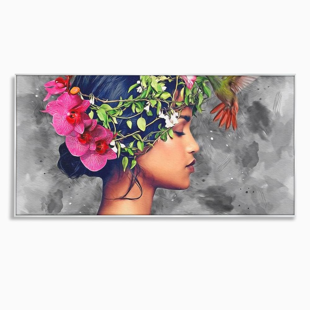 Tablou canvas cu tablou canvas cu portret de femeie si colibri, in rama de aluminiu argintiu