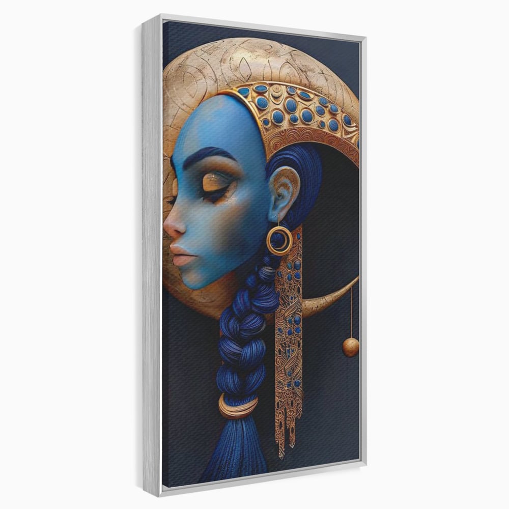 Tablou canvas cu tablou canvas portret de femeie albastra, in rama de aluminiu argintiu