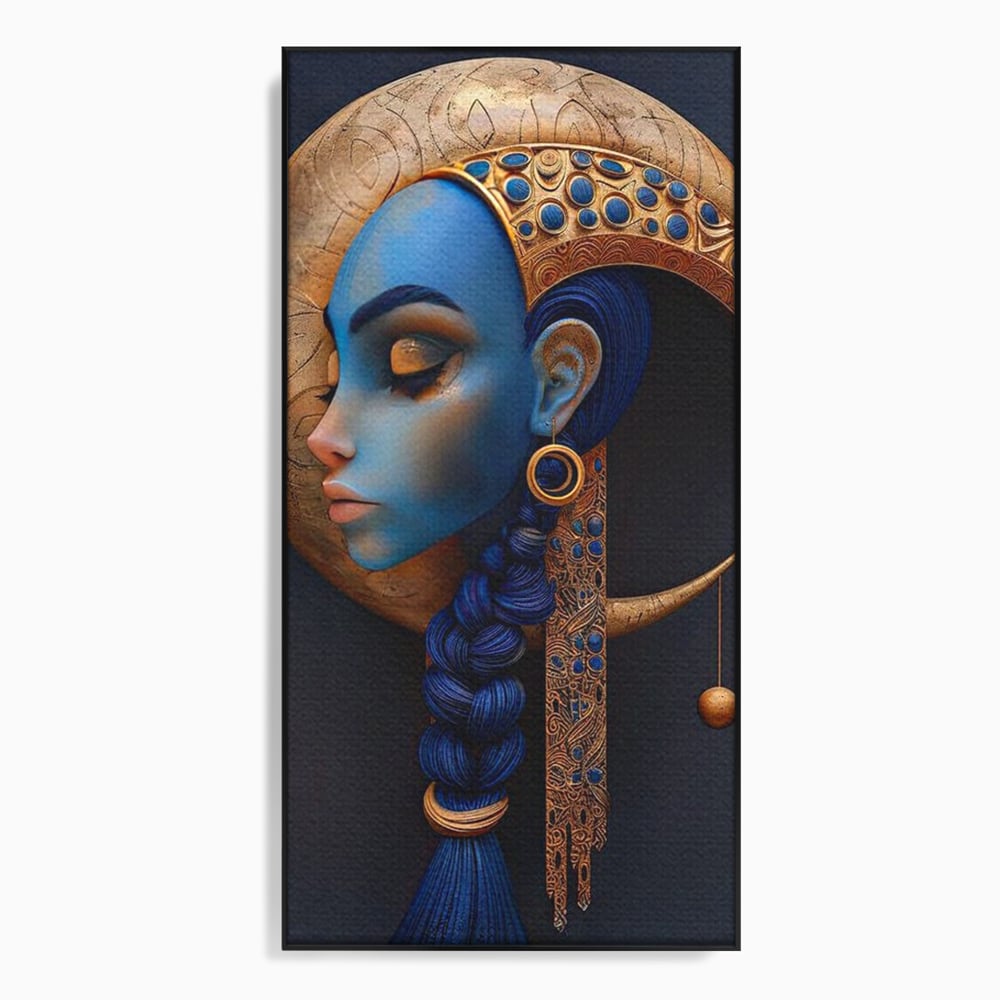 Tablou canvas cu tablou canvas portret de femeie albastra, in rama de aluminiu negru