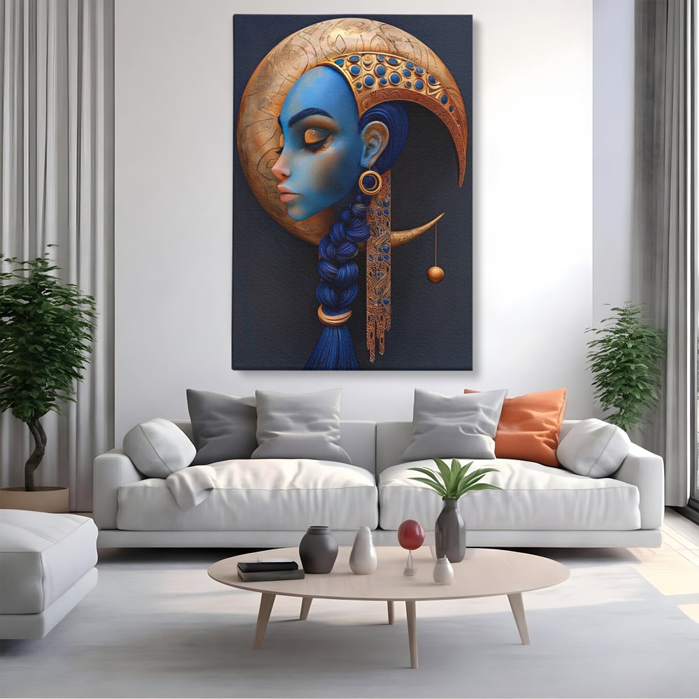 Tablou canvas cu tablou canvas portret de femeie albastra, fara rama, pe sasiu de lemn, pe perete intr-un living