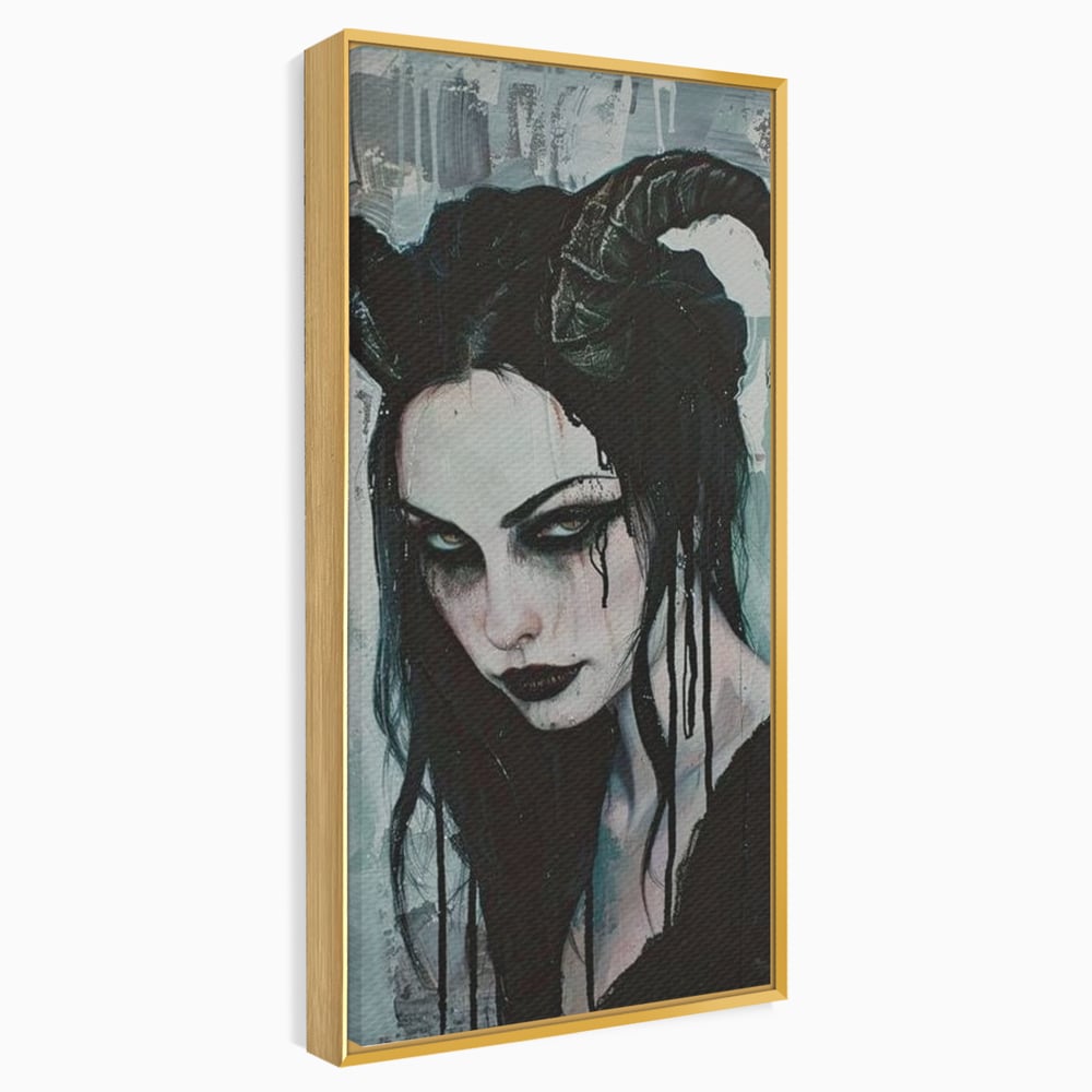 Tablou canvas cu tablou canvas cu portret gotic feminin, in rama de aluminiu auriu
