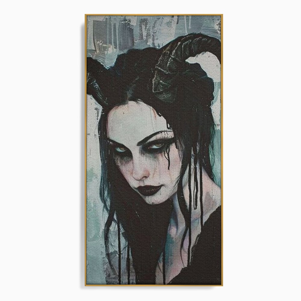 Tablou canvas cu tablou canvas cu portret gotic feminin, in rama de aluminiu auriu