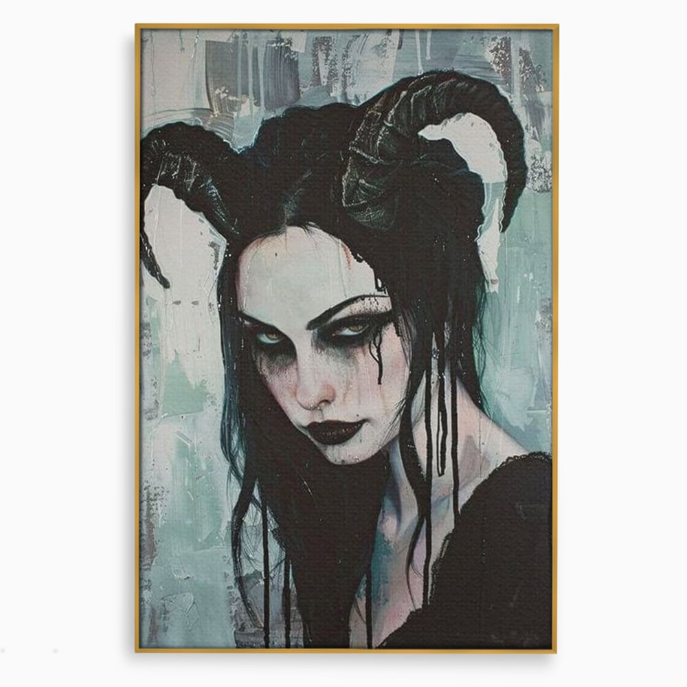 Tablou canvas cu tablou canvas cu portret gotic feminin, in rama de aluminiu auriu