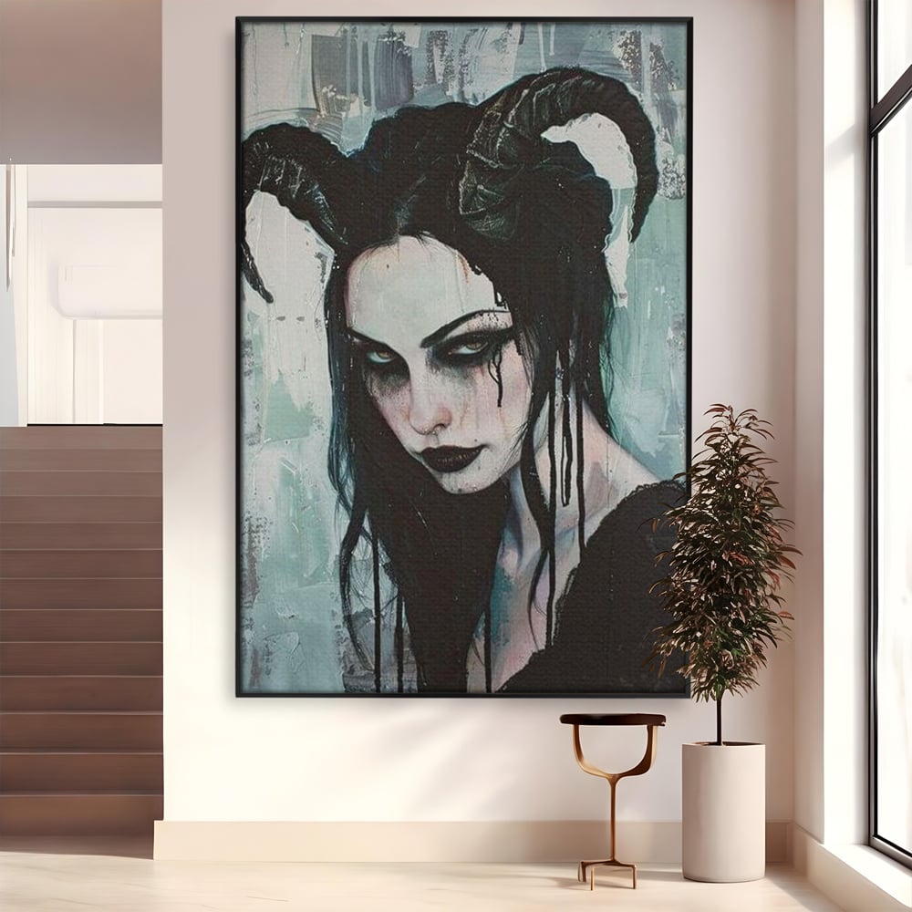 Tablou canvas cu tablou canvas cu portret gotic feminin, in rama de aluminiu negru