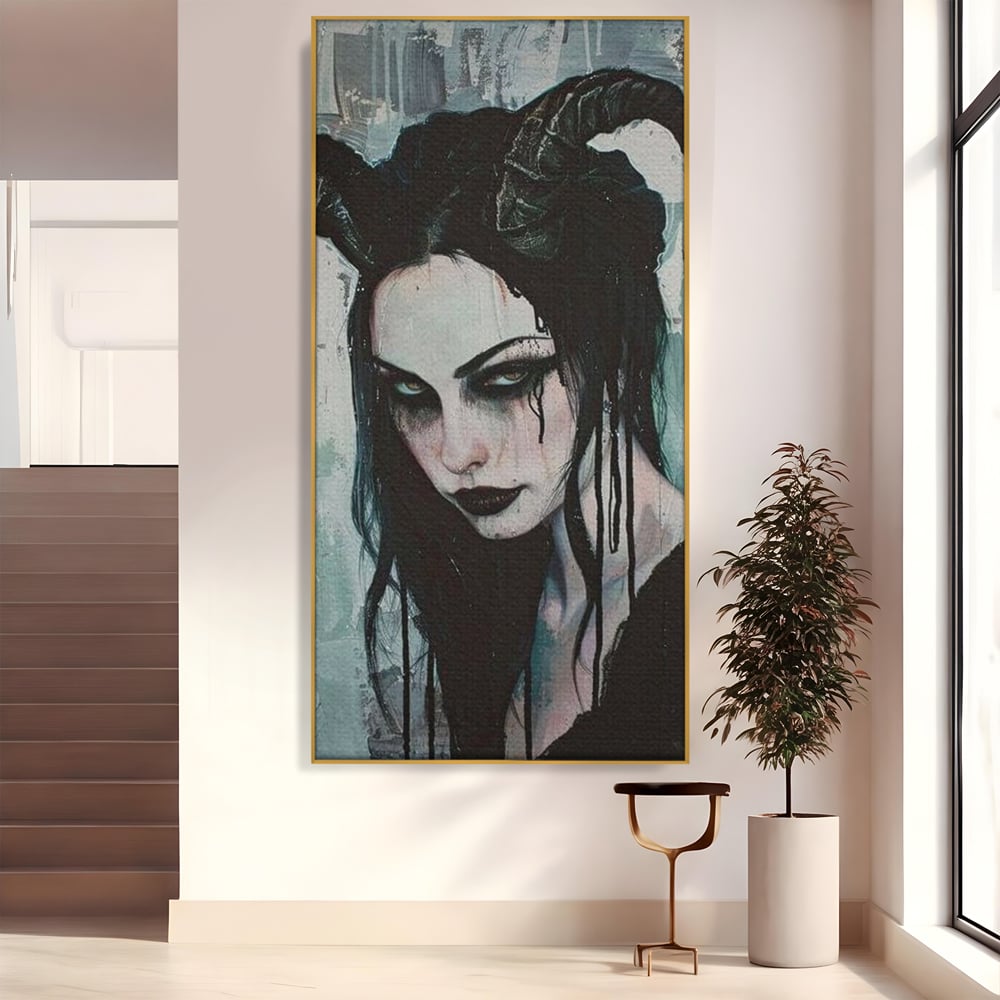 Tablou canvas cu tablou canvas cu portret gotic feminin, in rama de aluminiu auriu