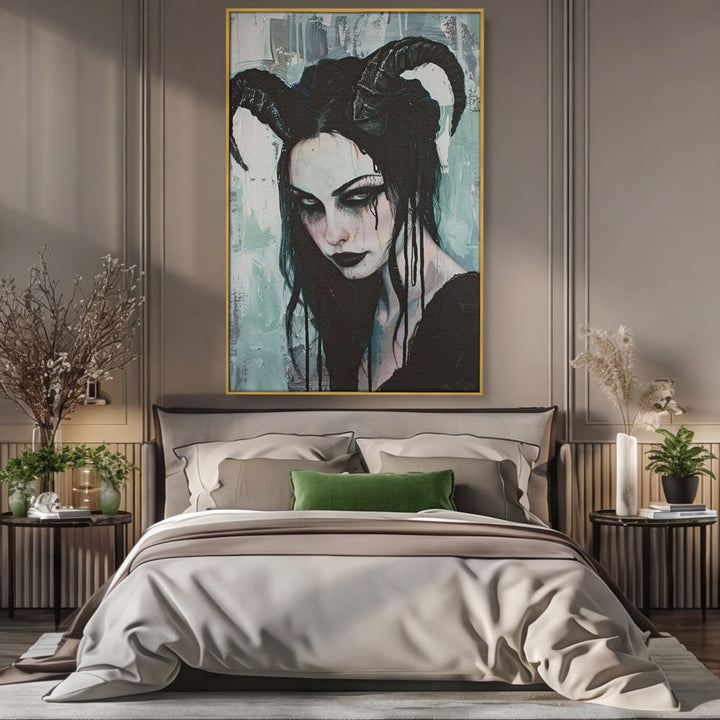 Tablou canvas cu tablou canvas cu portret gotic feminin, in rama de aluminiu auriu, pe perete intr-un dormitor