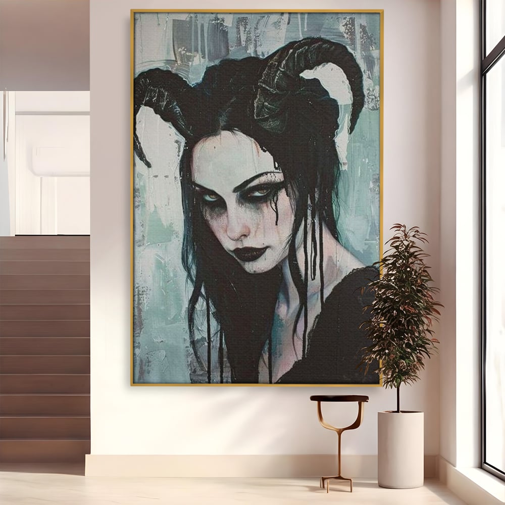 Tablou canvas cu tablou canvas cu portret gotic feminin, in rama de aluminiu auriu