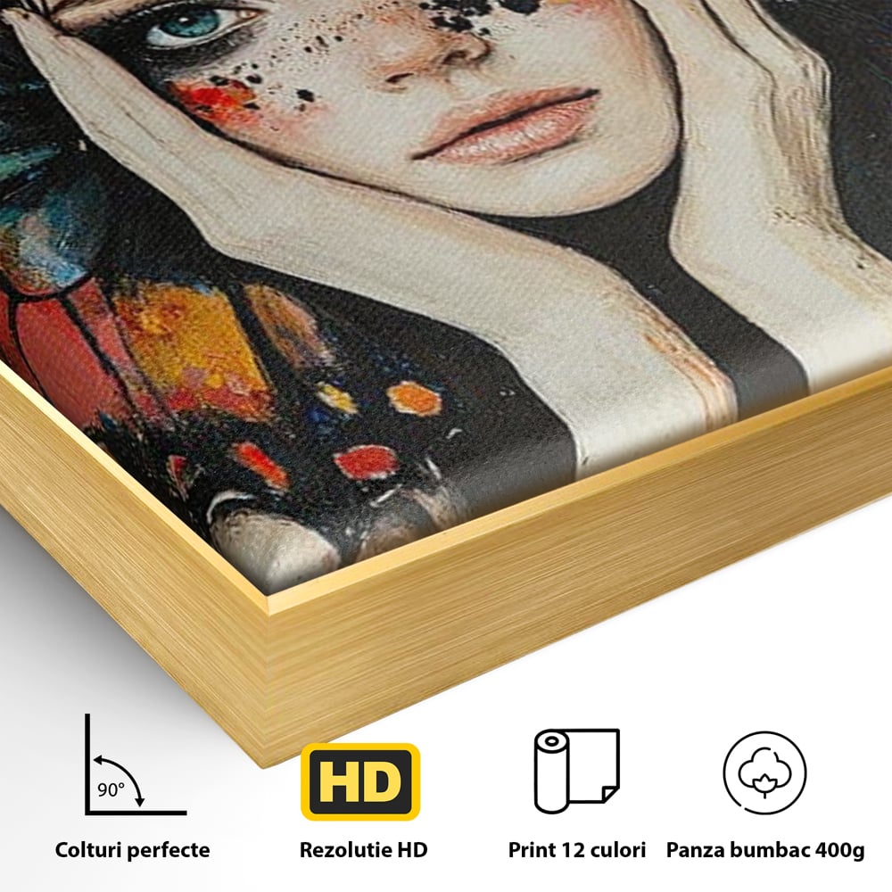 Detaliu al suprafetei: tablou canvas cu femeie si aripi de fluture, in rama de aluminiu auriu