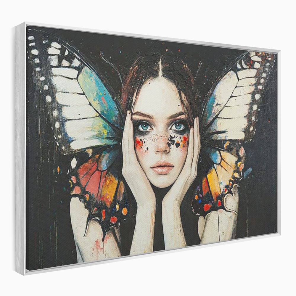 Tablou canvas cu tablou canvas cu femeie si aripi de fluture, in rama de aluminiu argintiu