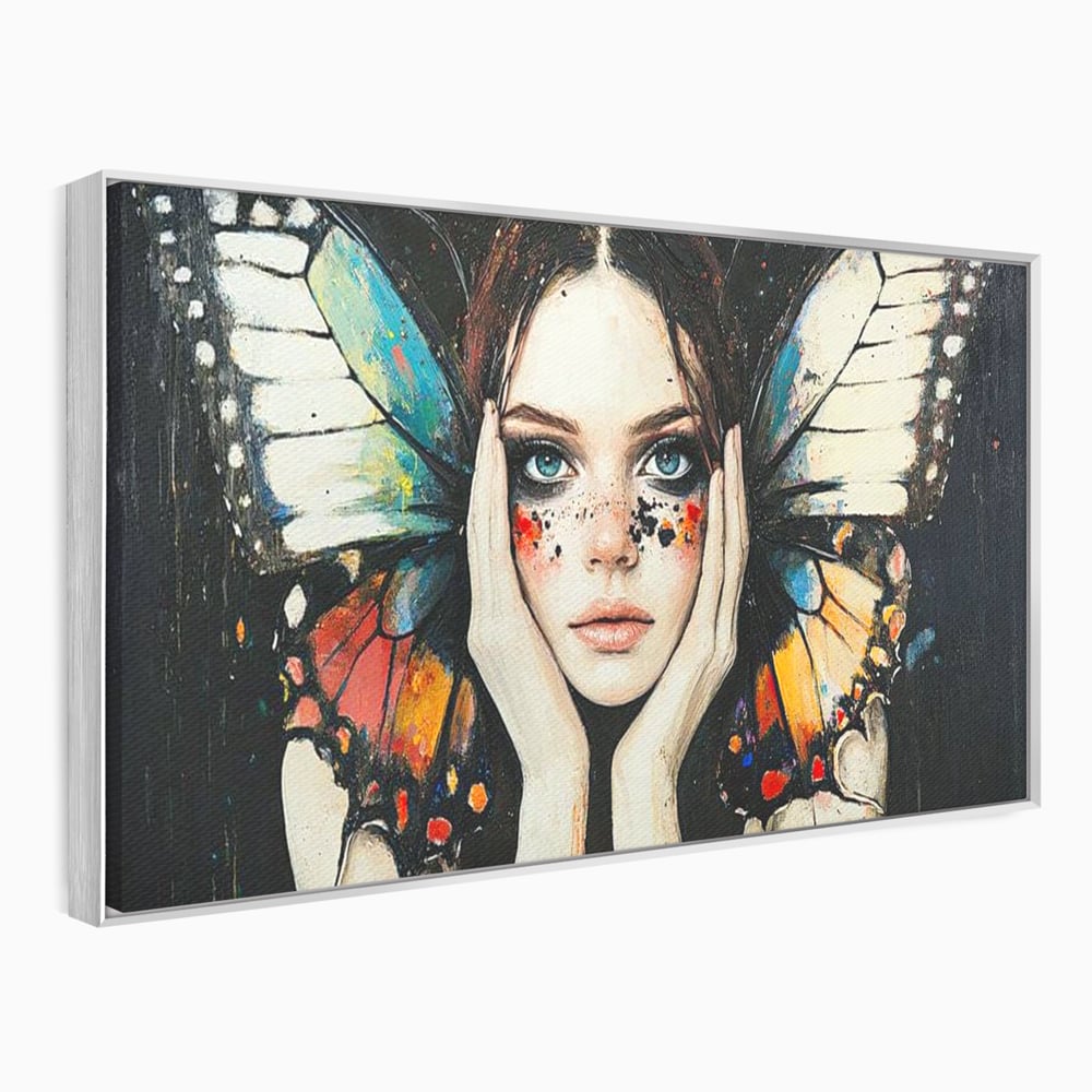 Tablou canvas cu tablou canvas cu femeie si aripi de fluture, in rama de aluminiu argintiu