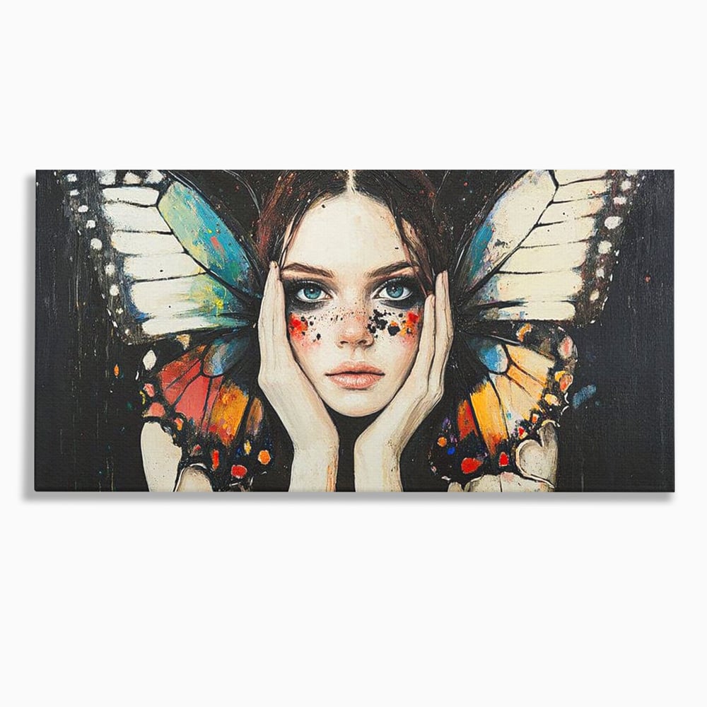 Tablou canvas cu tablou canvas cu femeie si aripi de fluture, fara rama, pe sasiu de lemn