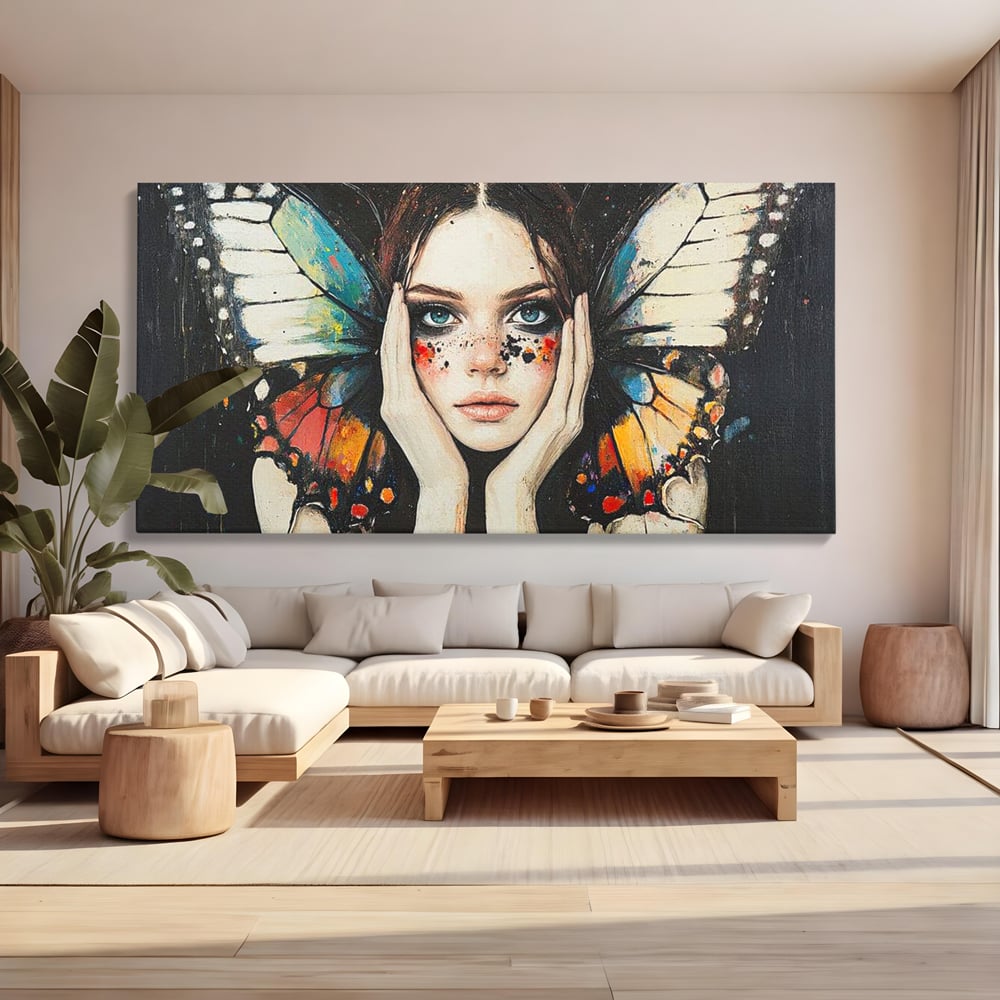 Tablou canvas cu tablou canvas cu femeie si aripi de fluture, fara rama, pe sasiu de lemn, pe perete intr-un living