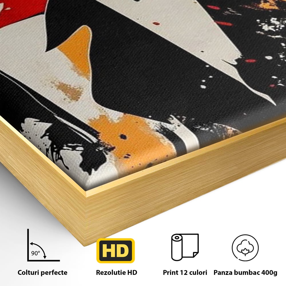 Detaliu al suprafetei: tablou canvas cu portret de femeie stilizat, in rama de aluminiu auriu