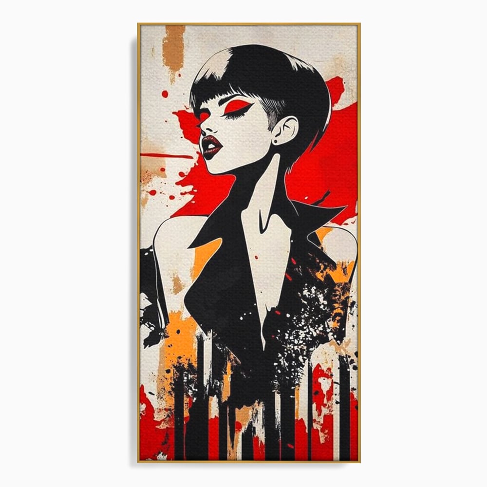 Tablou canvas cu tablou canvas cu portret de femeie stilizat, in rama de aluminiu auriu