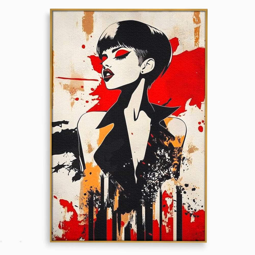 Tablou canvas cu tablou canvas cu portret de femeie stilizat, in rama de aluminiu auriu