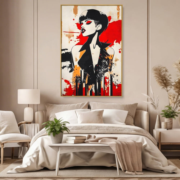 Tablou canvas cu tablou canvas cu portret de femeie stilizat, in rama de aluminiu auriu, pe perete intr-un dormitor