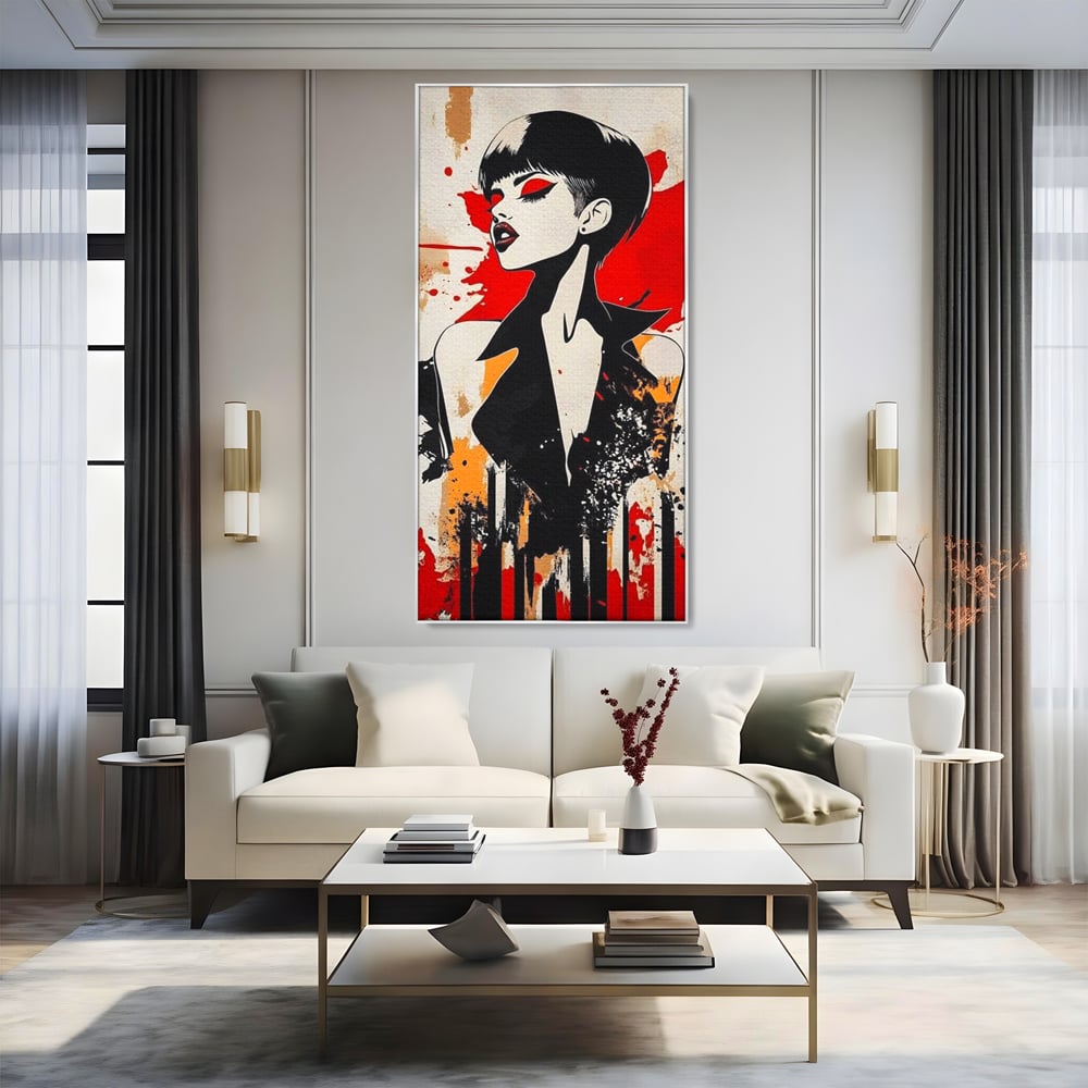 Tablou canvas cu tablou canvas cu portret de femeie stilizat, in rama de aluminiu argintiu, pe perete intr-un living