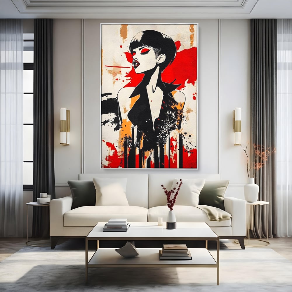 Tablou canvas cu tablou canvas cu portret de femeie stilizat, in rama de aluminiu argintiu, pe perete intr-un living