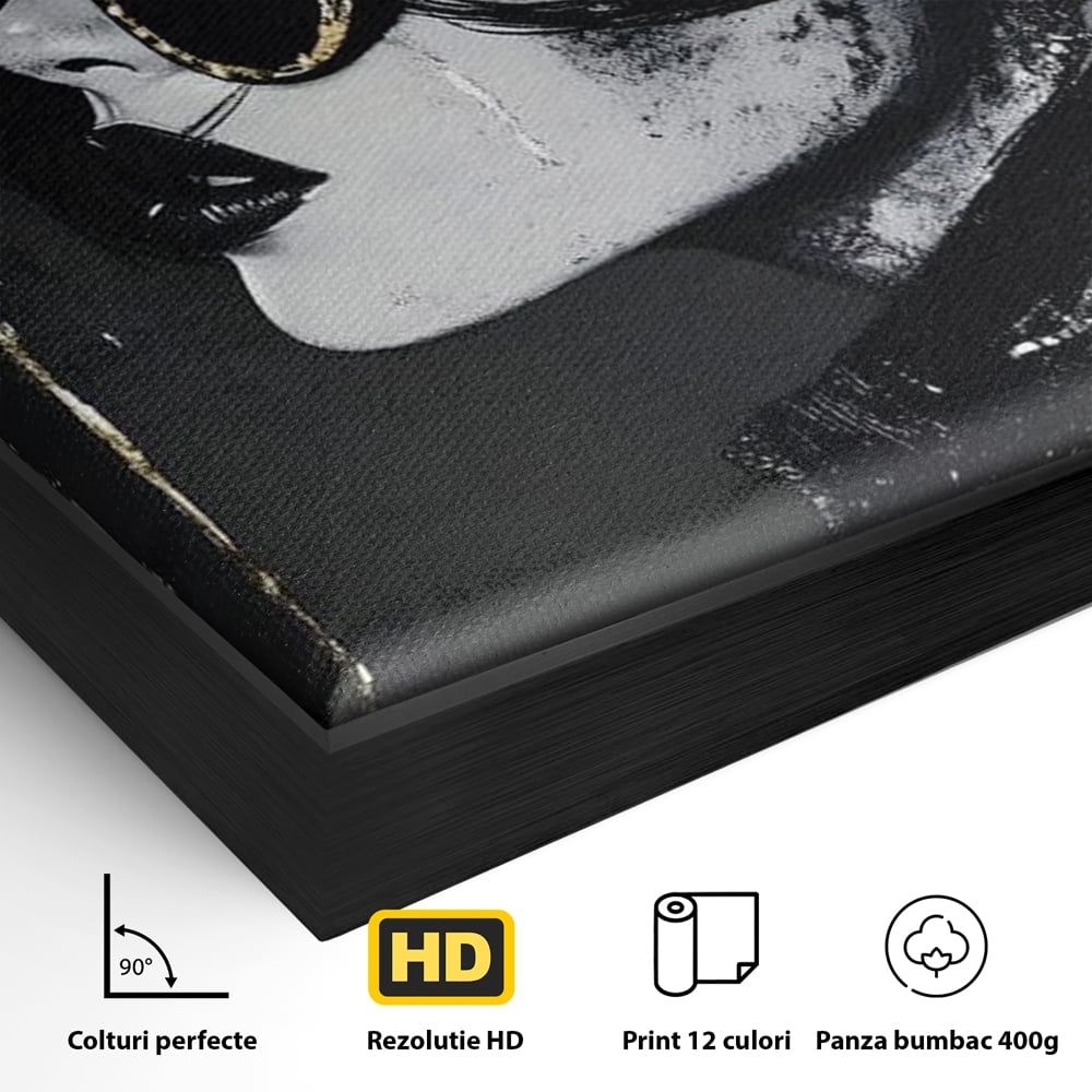 Detaliu al suprafetei: tablou canvas cu femeie in ploaie stilizata, in rama de aluminiu negru