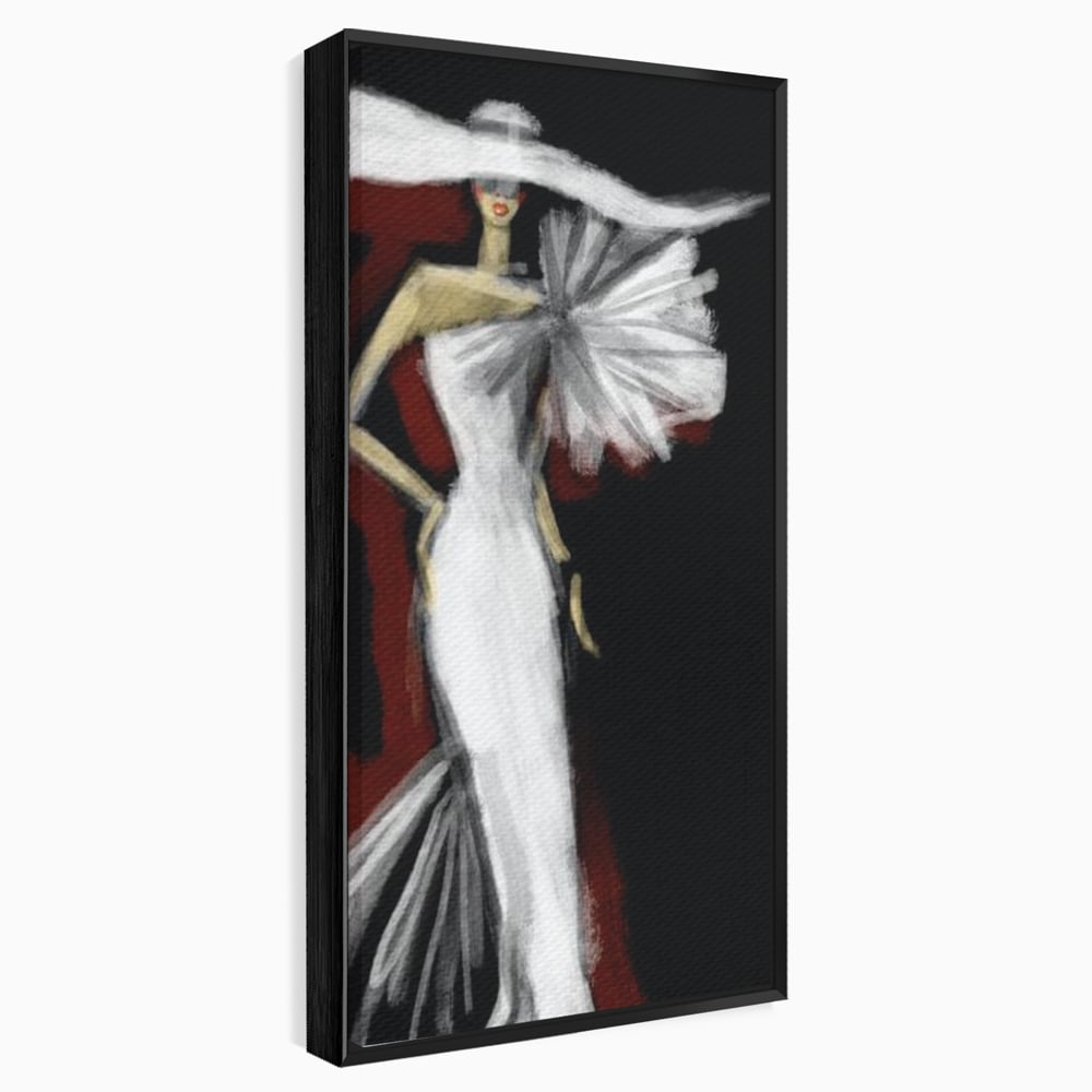 Tablou canvas cu ilustratie cu manechin in rochie alba, in rama de aluminiu negru