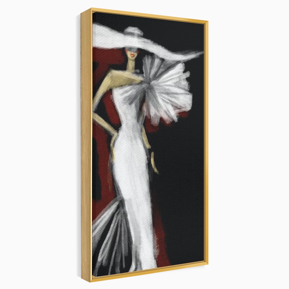 Tablou canvas cu ilustratie cu manechin in rochie alba, in rama de aluminiu auriu
