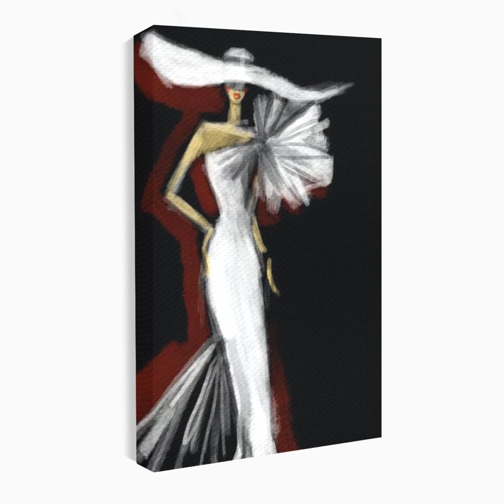 Tablou canvas cu ilustratie cu manechin in rochie alba, fara rama, pe sasiu de lemn