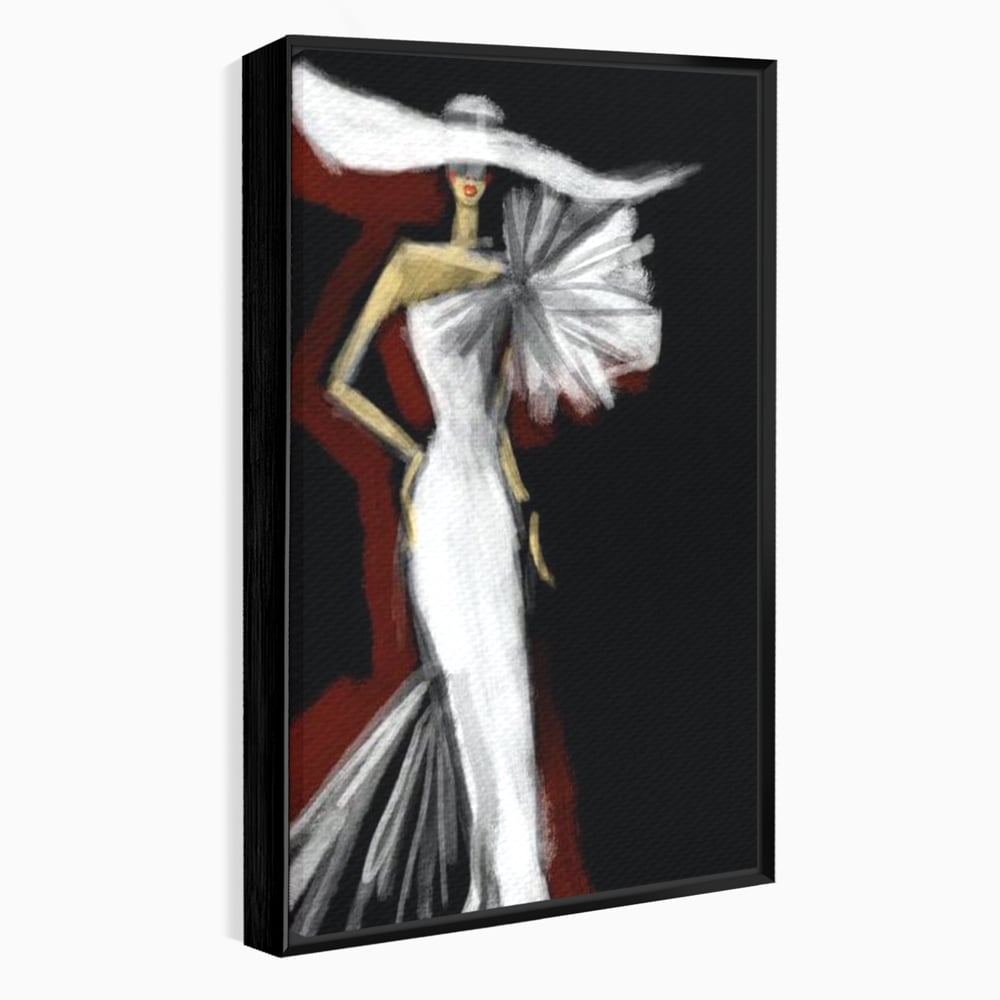 Tablou canvas cu ilustratie cu manechin in rochie alba, in rama de aluminiu negru