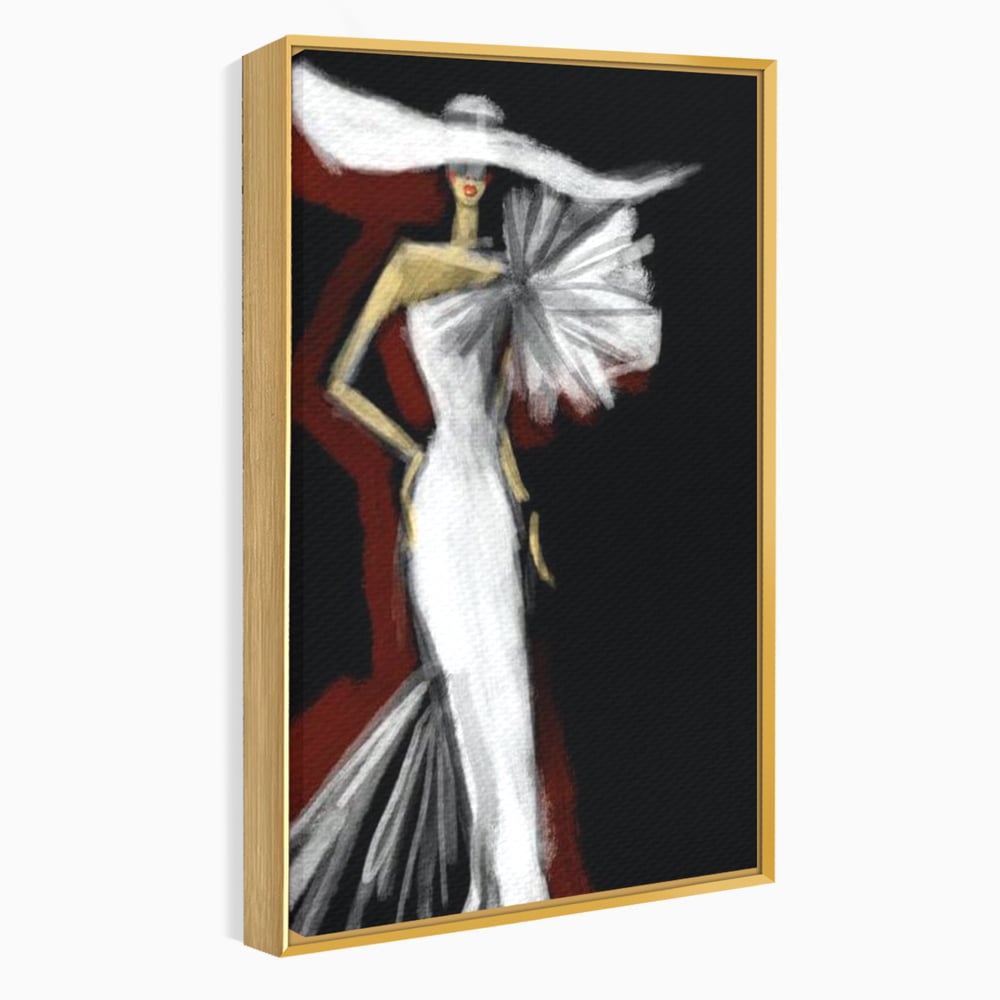 Tablou canvas cu ilustratie cu manechin in rochie alba, in rama de aluminiu auriu