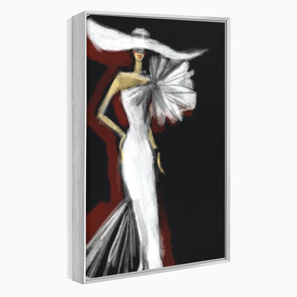 Tablou canvas cu ilustratie cu manechin in rochie alba, in rama de aluminiu argintiu