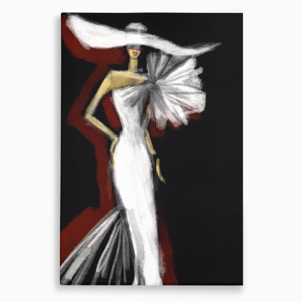 Tablou canvas cu ilustratie cu manechin in rochie alba, fara rama, pe sasiu de lemn