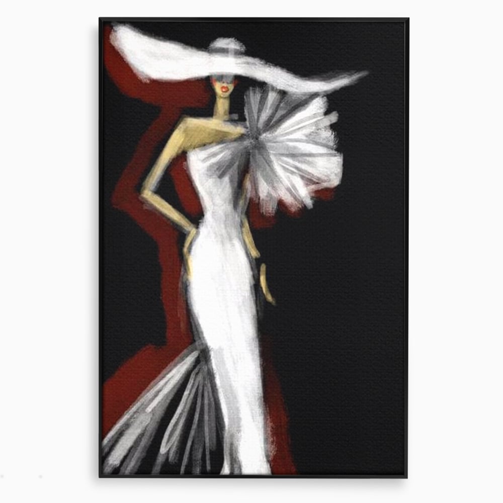 Tablou canvas cu ilustratie cu manechin in rochie alba, in rama de aluminiu negru