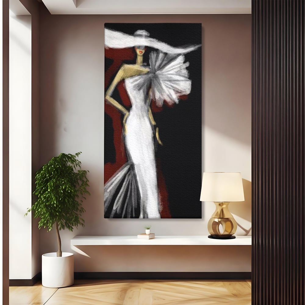 Tablou canvas cu ilustratie cu manechin in rochie alba, fara rama, pe sasiu de lemn