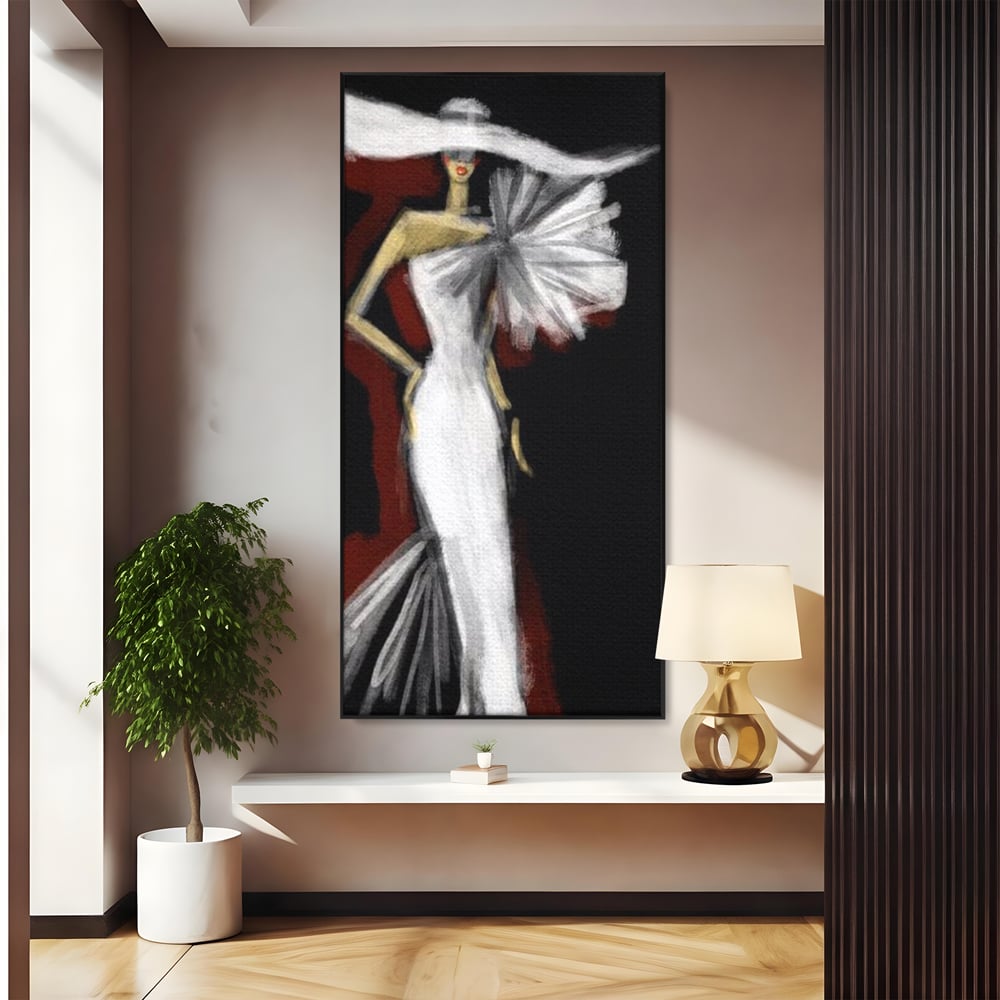Tablou canvas cu ilustratie cu manechin in rochie alba, in rama de aluminiu negru