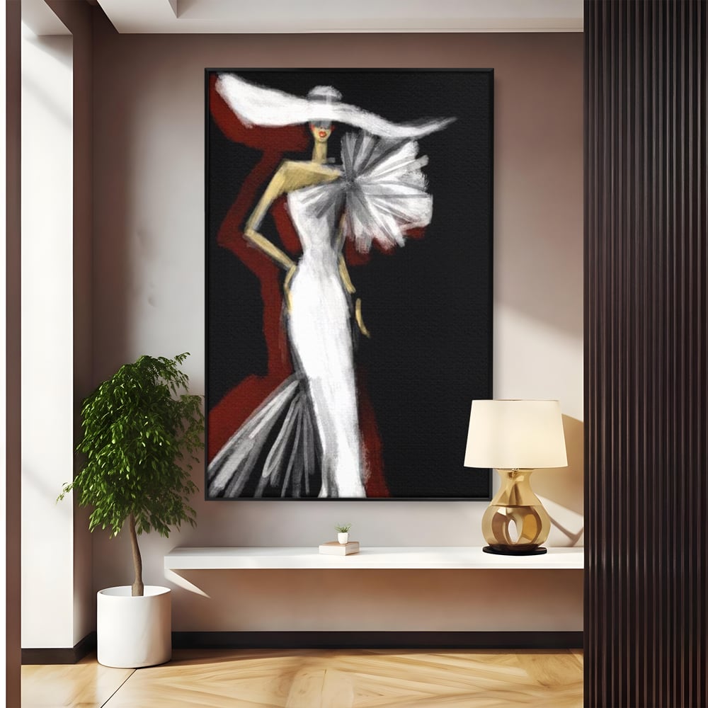 Tablou canvas cu ilustratie cu manechin in rochie alba, in rama de aluminiu negru
