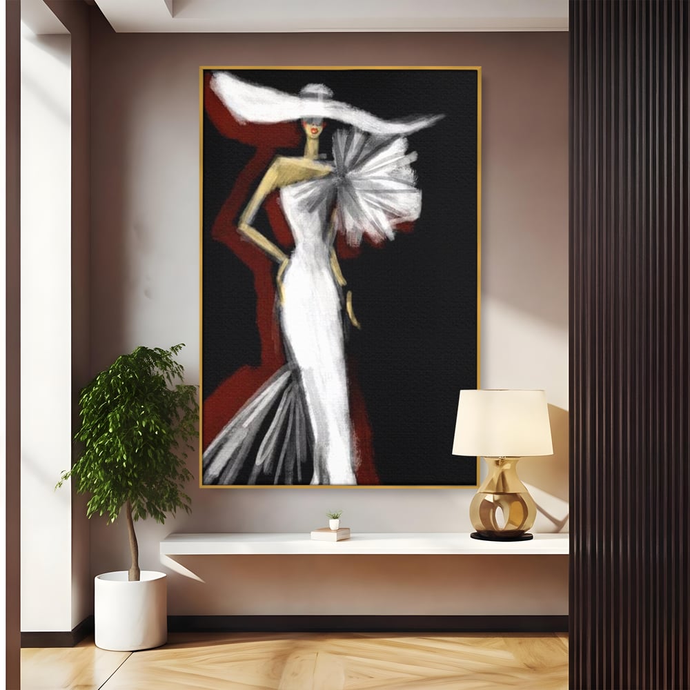 Tablou canvas cu ilustratie cu manechin in rochie alba, in rama de aluminiu auriu