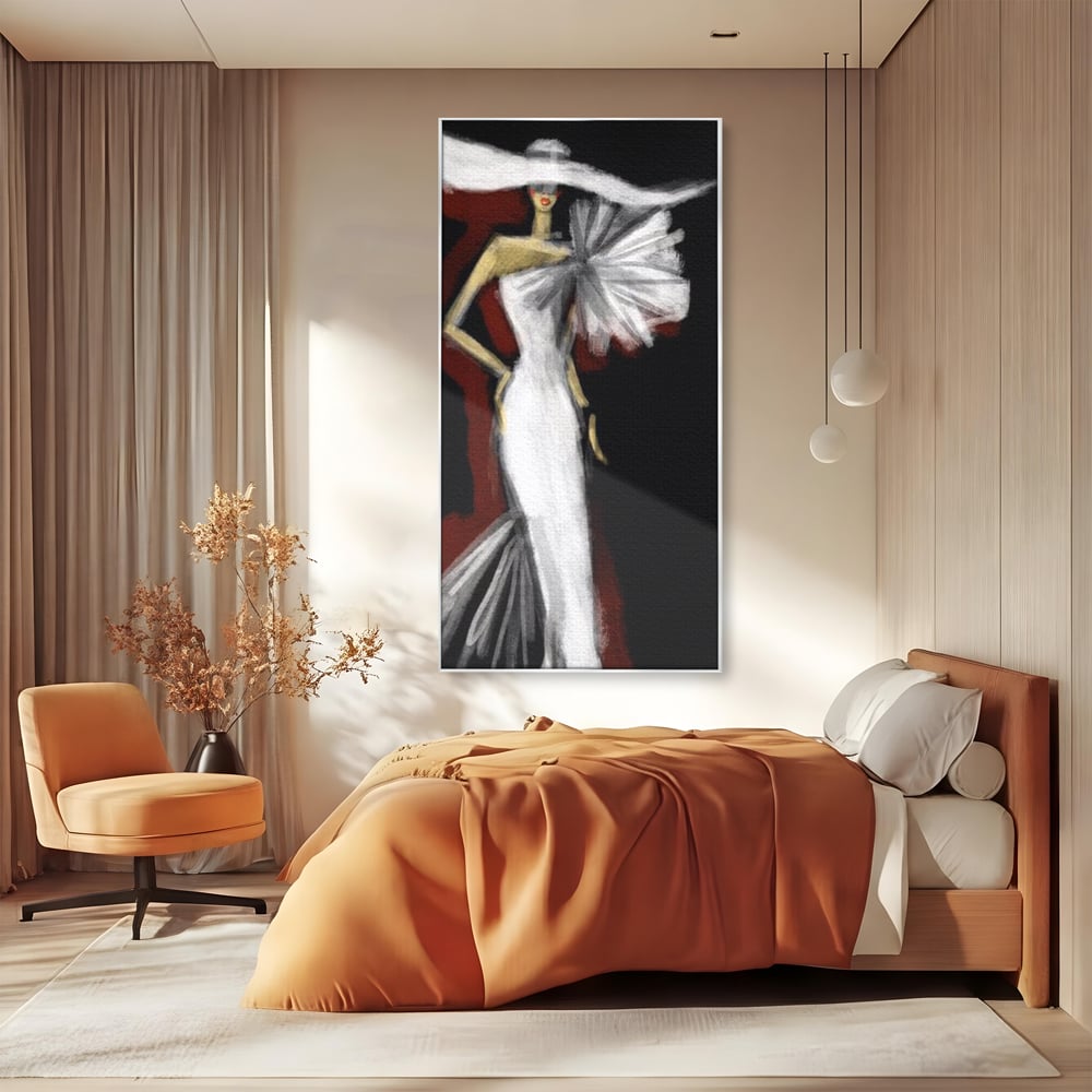 Tablou canvas cu ilustratie cu manechin in rochie alba, in rama de aluminiu argintiu, pe perete intr-un dormitor