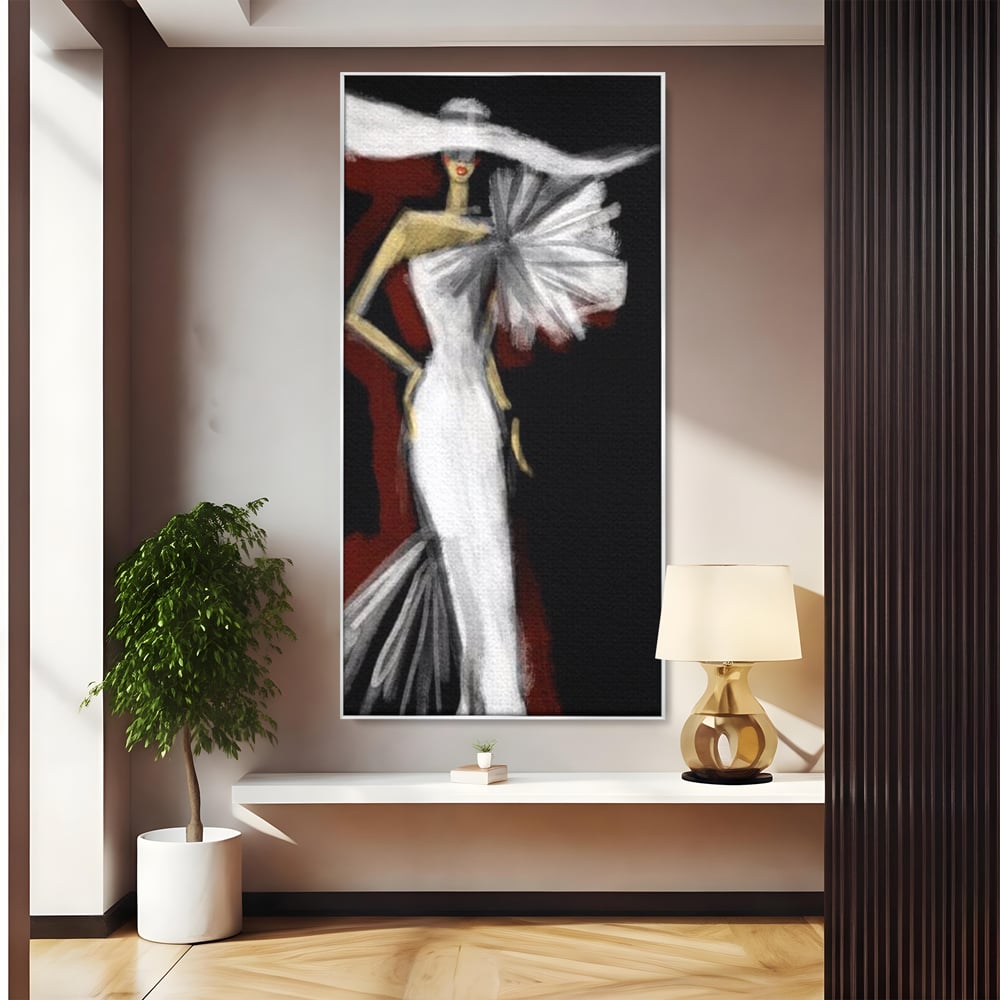 Tablou canvas cu ilustratie cu manechin in rochie alba, in rama de aluminiu argintiu