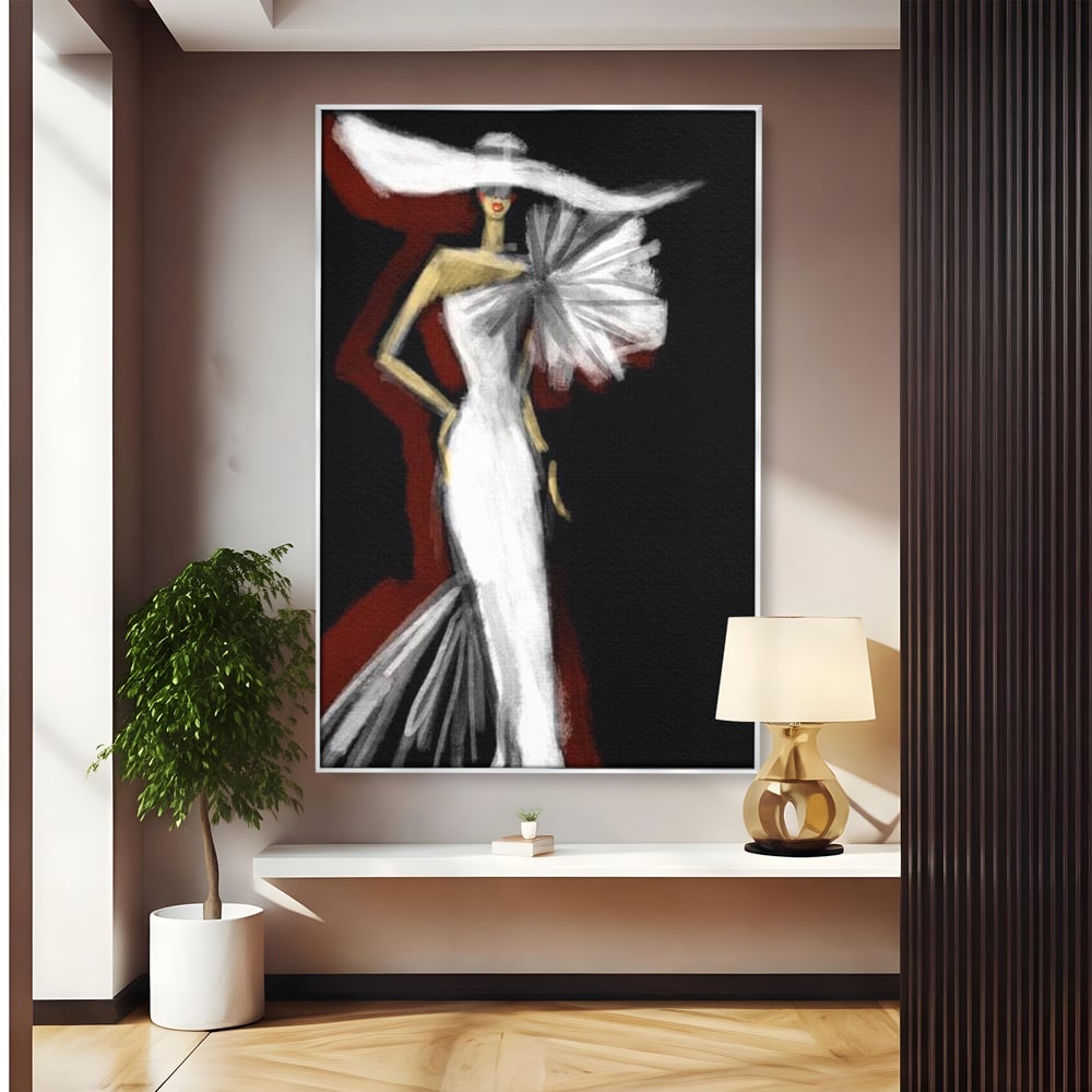 Tablou canvas cu ilustratie cu manechin in rochie alba, in rama de aluminiu argintiu