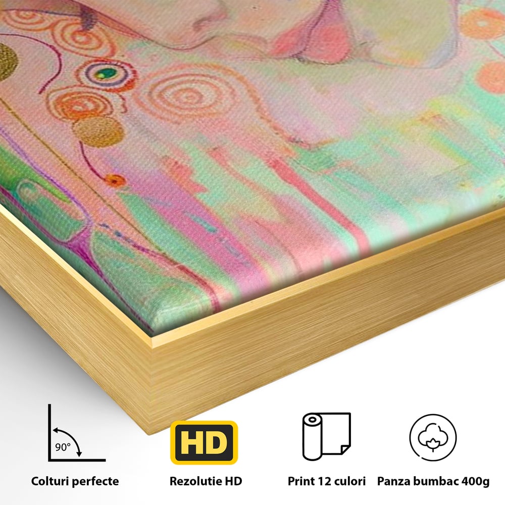 Detaliu al suprafetei: tablou canvas cu portret de zana, in rama de aluminiu auriu