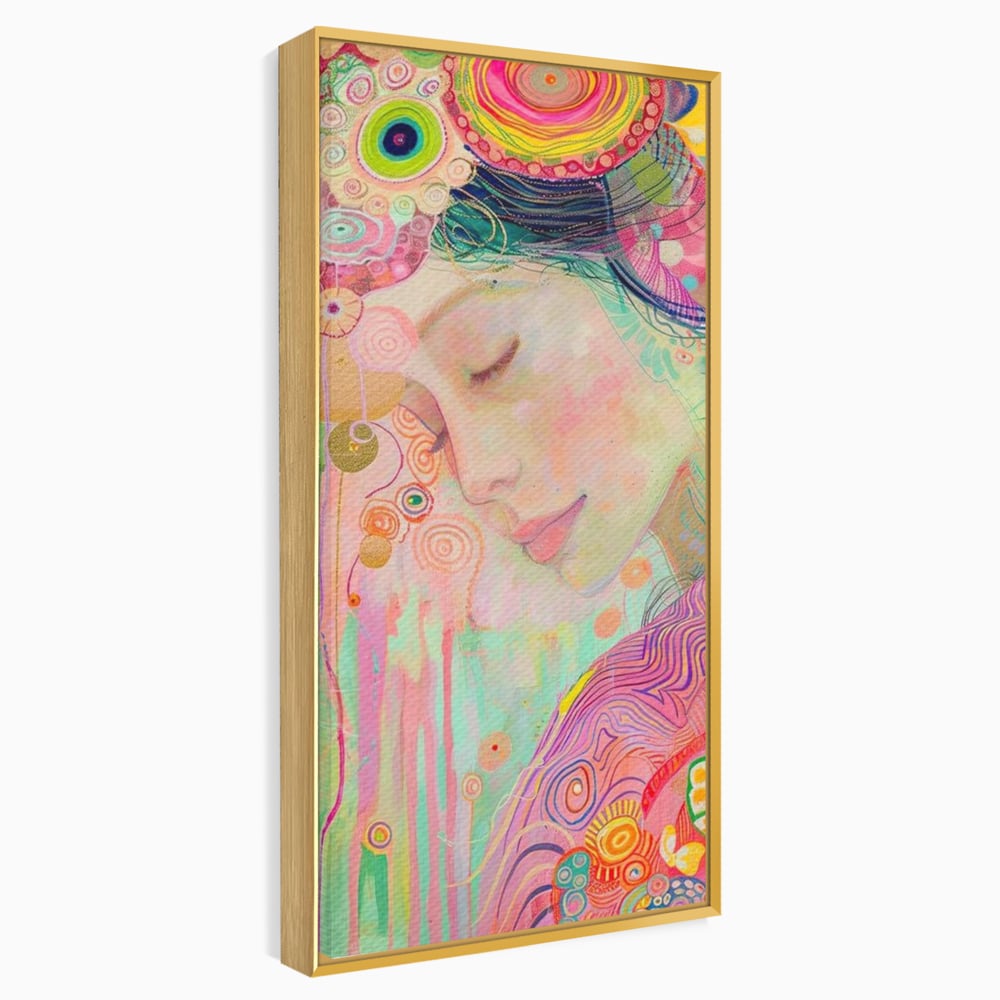 Tablou canvas cu tablou canvas cu portret de zana, in rama de aluminiu auriu