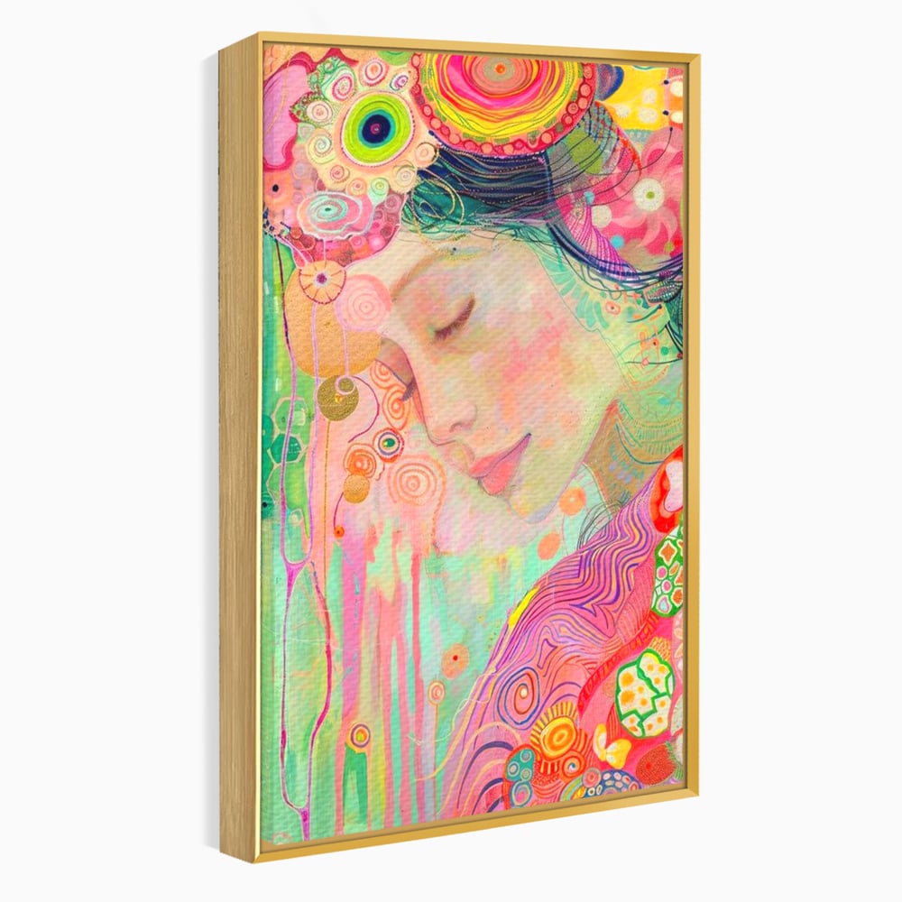 Tablou canvas cu tablou canvas cu portret de zana, in rama de aluminiu auriu