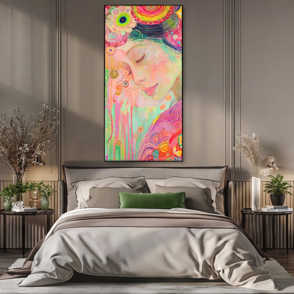 Tablou canvas cu tablou canvas cu portret de zana, in rama de aluminiu negru, pe perete intr-un dormitor