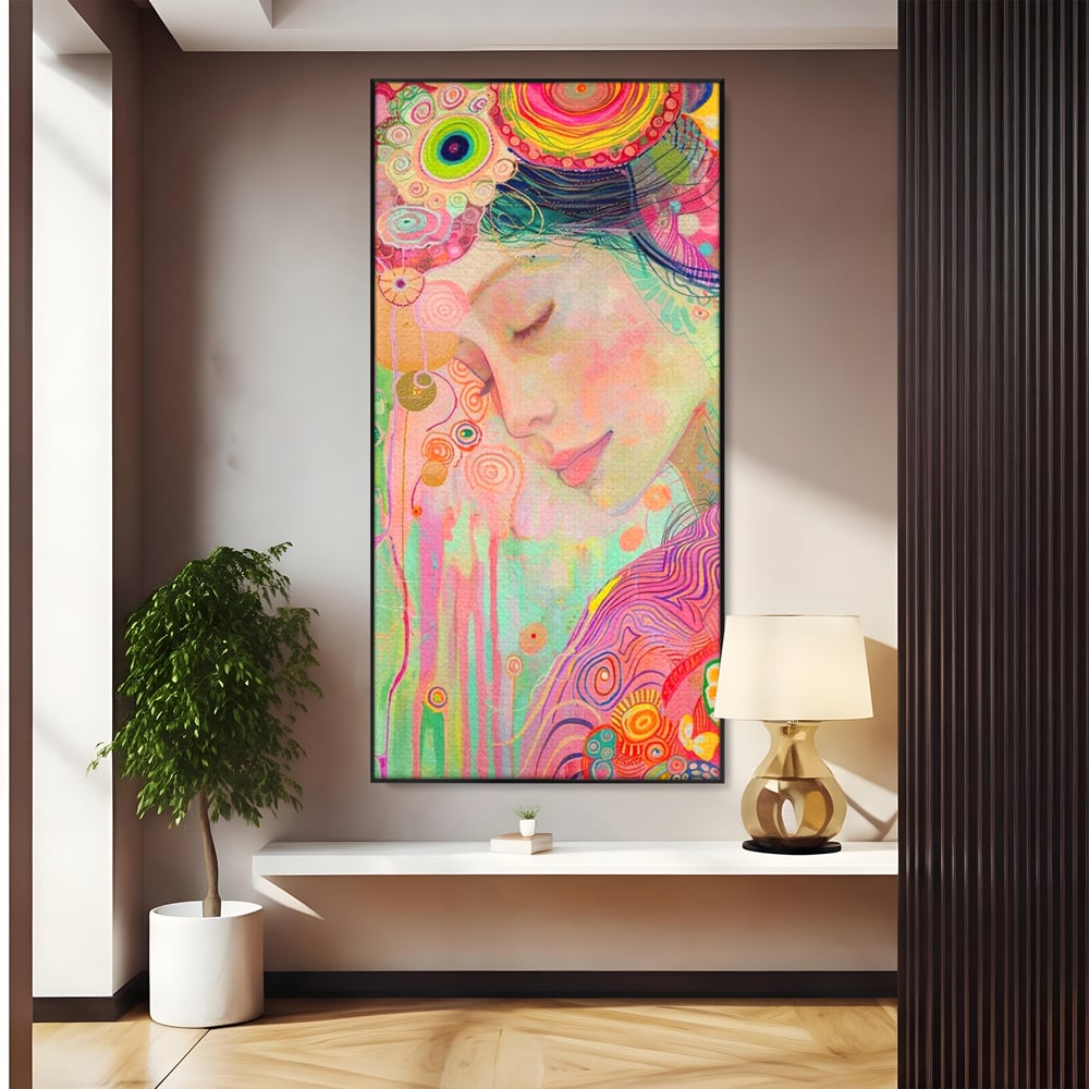 Tablou canvas cu tablou canvas cu portret de zana, in rama de aluminiu negru
