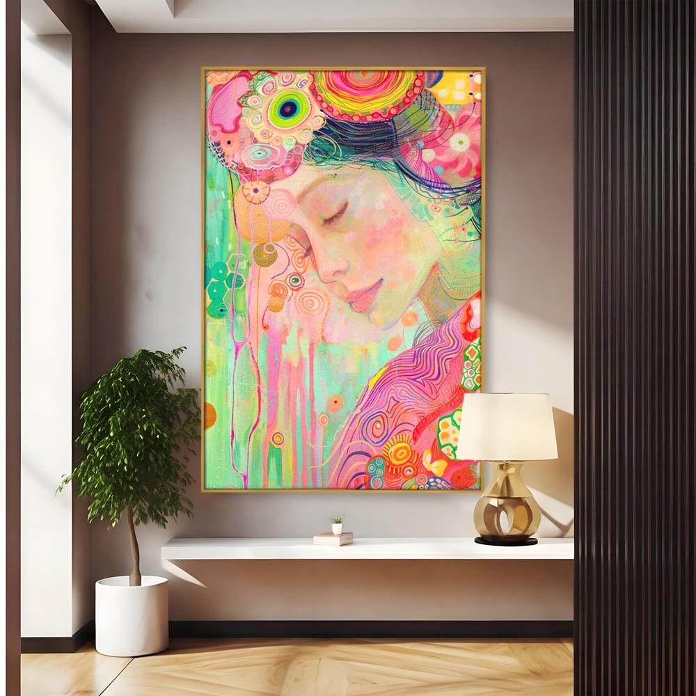 Tablou canvas cu tablou canvas cu portret de zana, in rama de aluminiu auriu