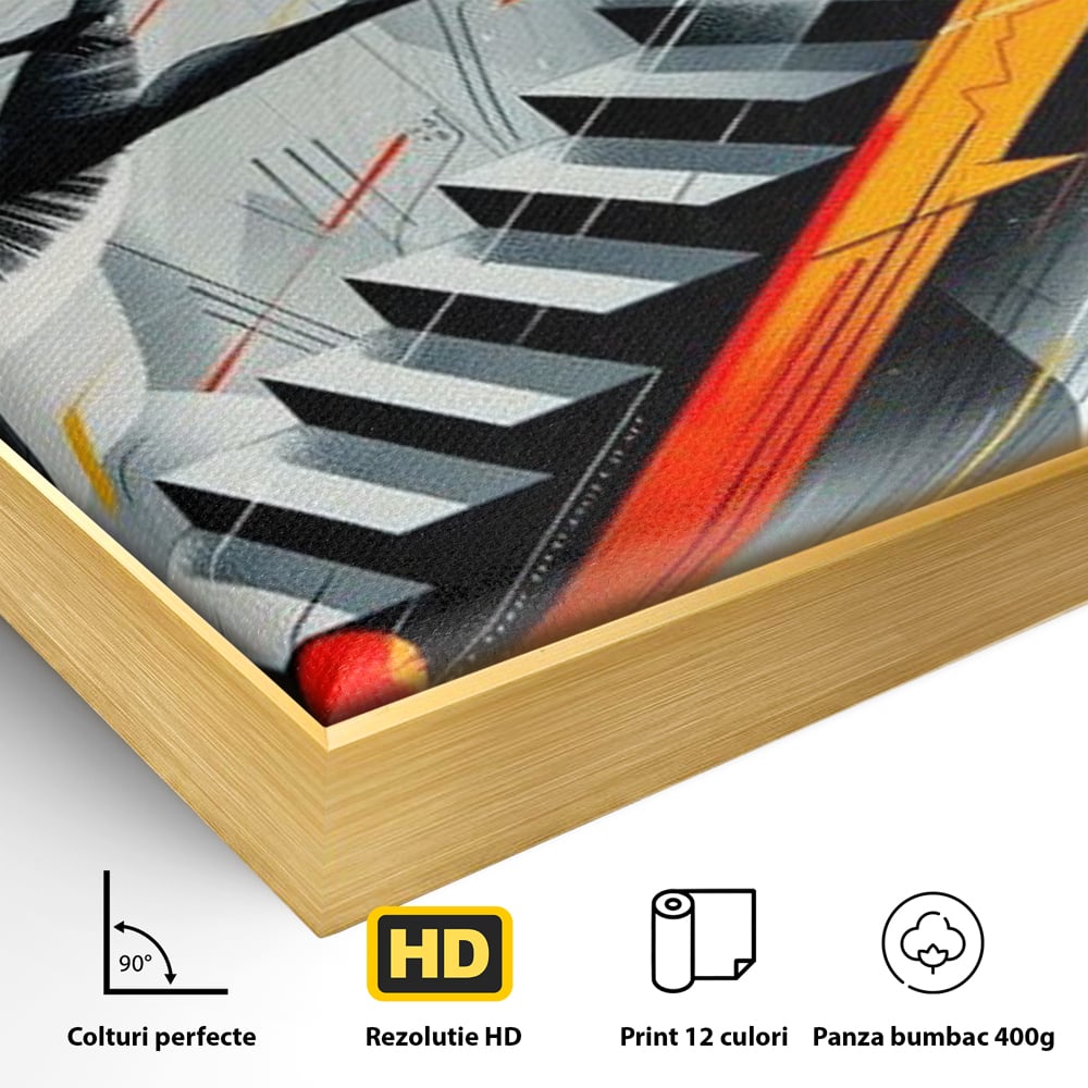 Detaliu al suprafetei: tablou canvas cu balerina pe scari si cosmos, in rama de aluminiu auriu